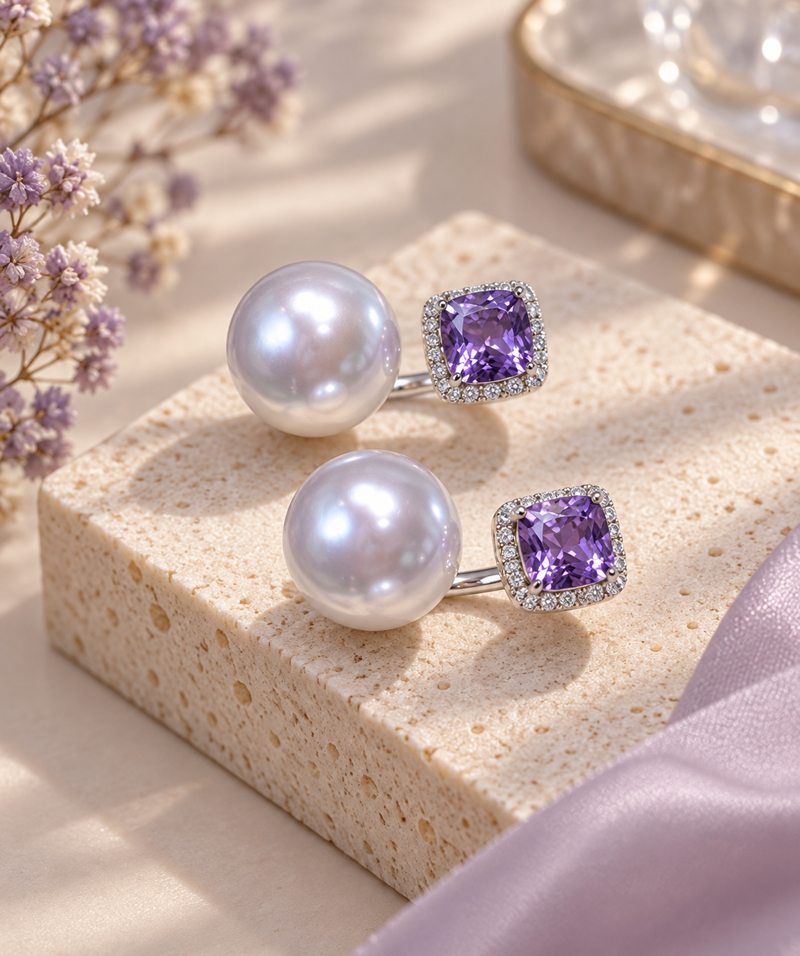 9–10mm Top-grade Freshwater Pearl & Purple CZ Adjustable Ring (Sayo Pearl)