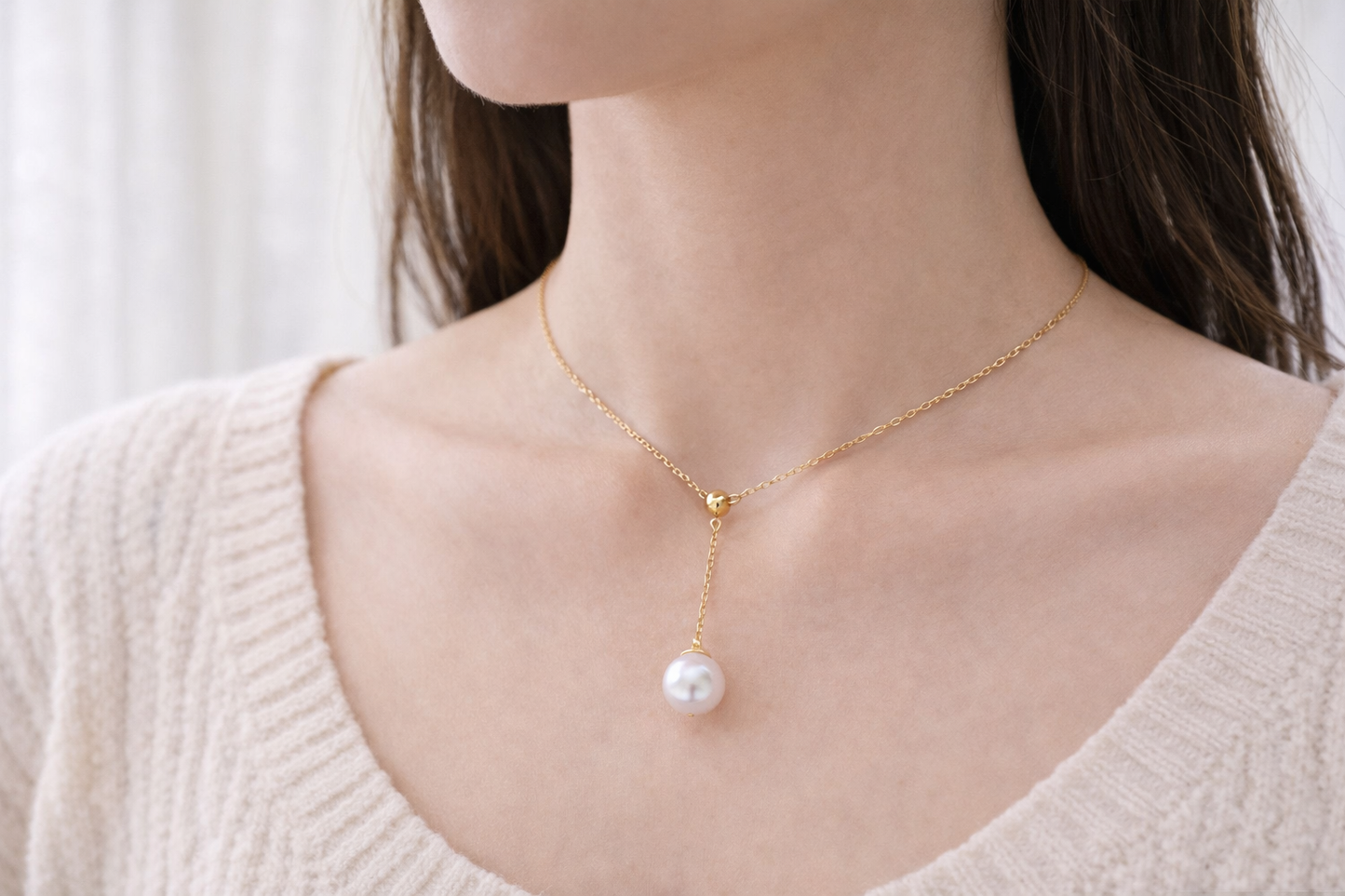 Y-Drop Design | Top-grade Freshwater White Pearl (Sayo Pearl) Necklace (9–10mm) (Pre-order)