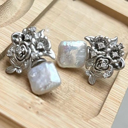 10mm Vintage Square Pearl Earrings | S925 Silver Posts