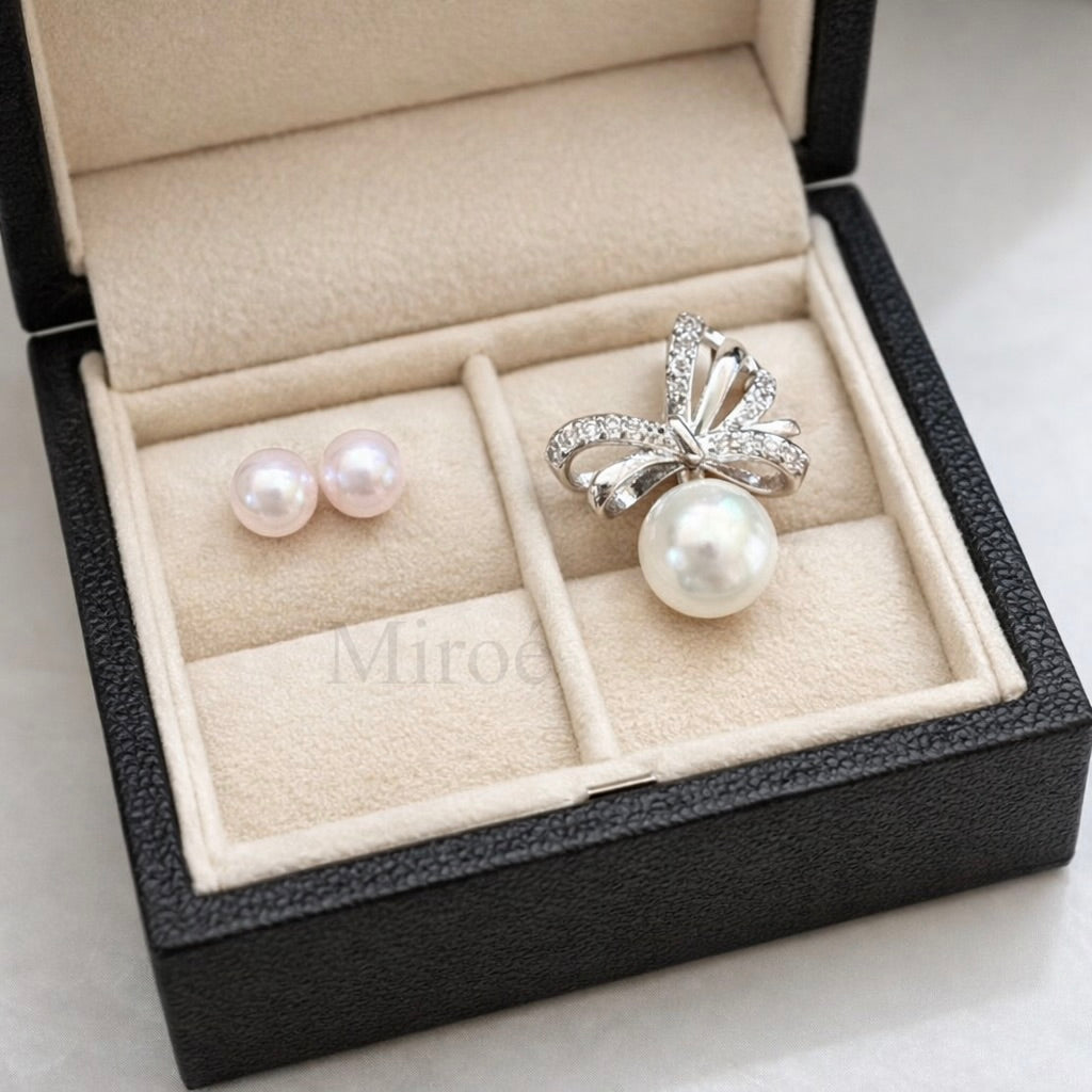 Japanese Akoya Pearl Set｜6–6.5mm Pink Earrings & 7–8mm White Pendant