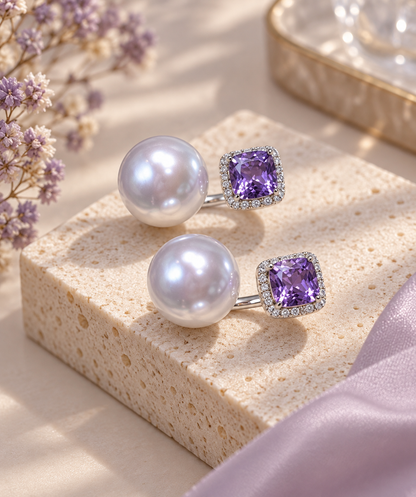 9–10mm Top-grade Freshwater Pearl & Purple CZ Adjustable Ring (Sayo Pearl)