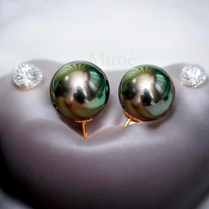 9–10mm罕有孔雀綠大溪地珍珠耳環 