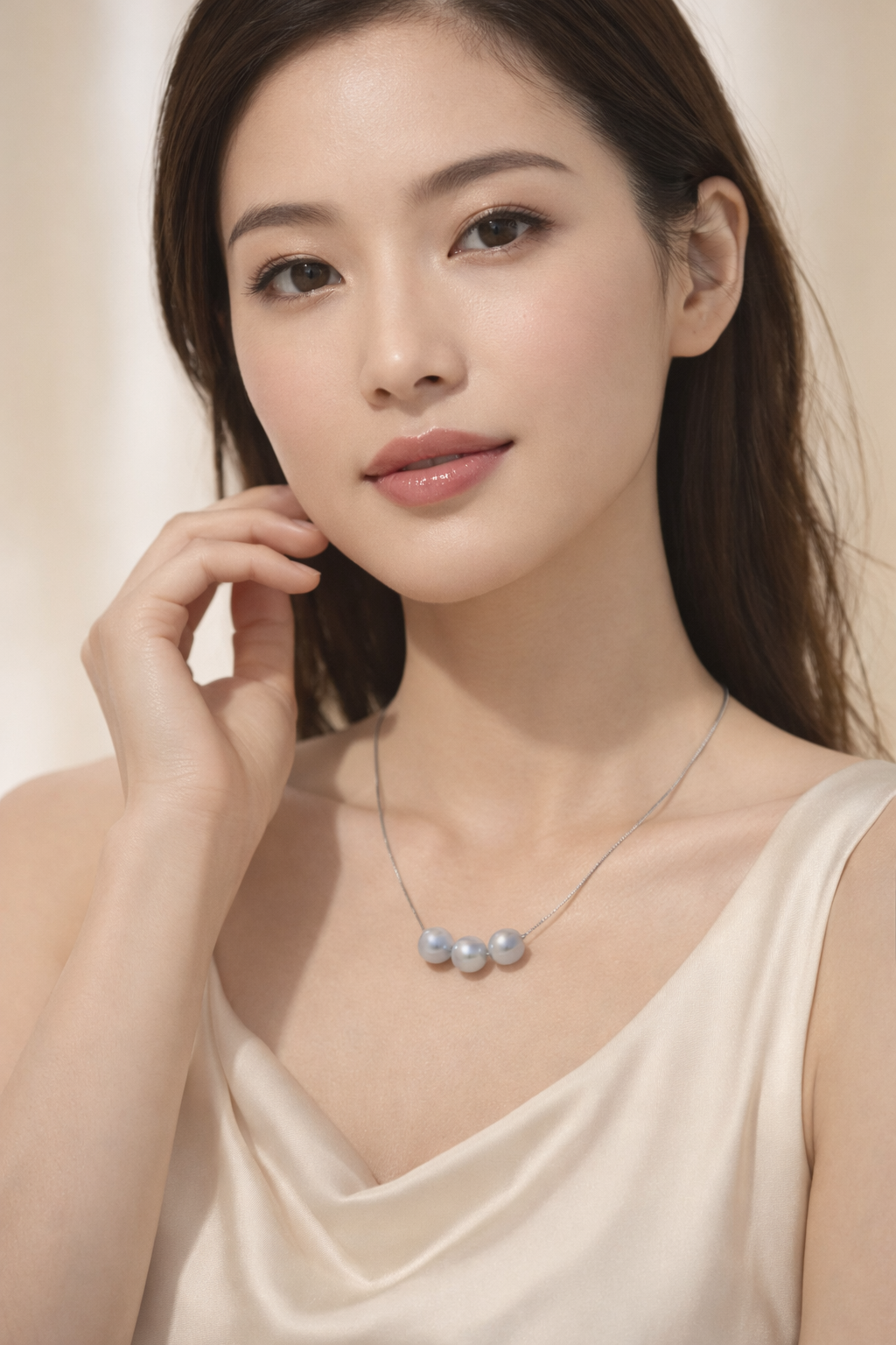 12mm 銀藍光"三粒珍珠"頸鏈