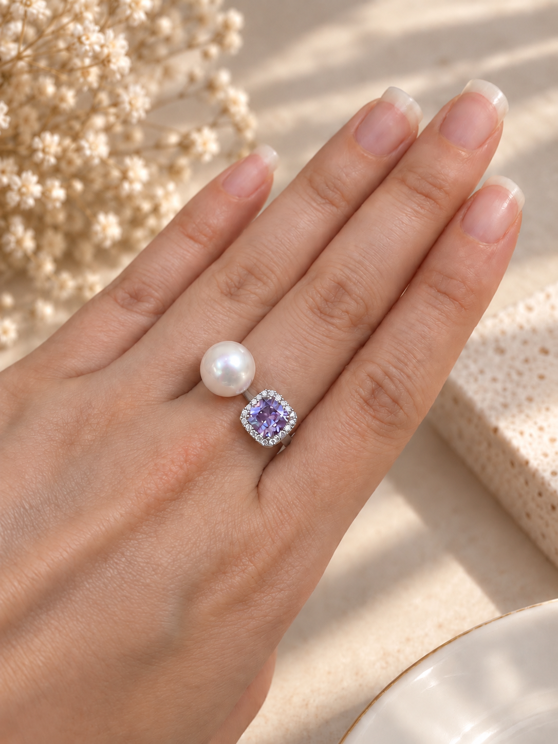 9–10mm Top-grade Freshwater Pearl & Purple CZ Adjustable Ring (Sayo Pearl)