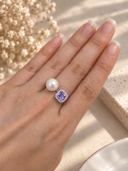 9–10mm Top-grade Freshwater Pearl & Purple CZ Adjustable Ring (Sayo Pearl)