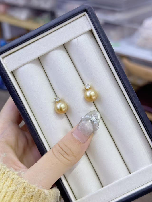 9mm South Sea Golden Pearl with Zircon Accent earring