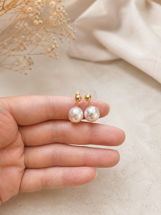 13mm South Sea White Pearl Drop Earrings -18K Gold Posts