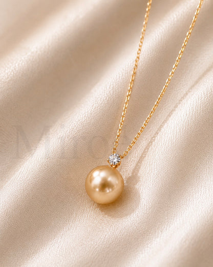 18K Gold Moissanite Princess Pendant｜13–14mm Golden South Sea Pearl