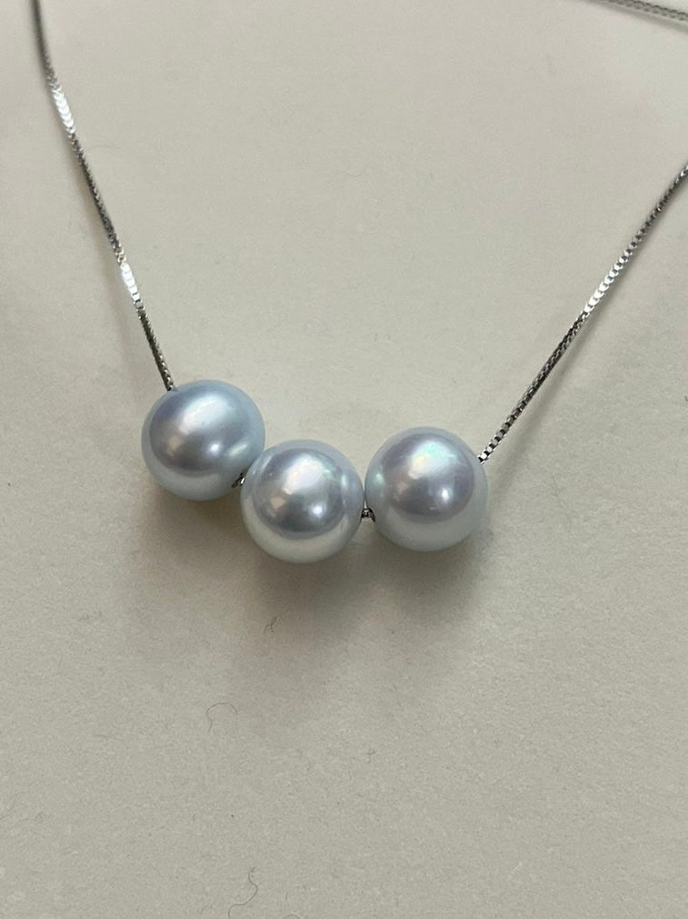 12mm 銀藍光"三粒珍珠"頸鏈
