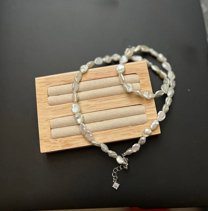 7-8mm "Crushed Silver" Tone Fishtail Baroque Pearl Necklace