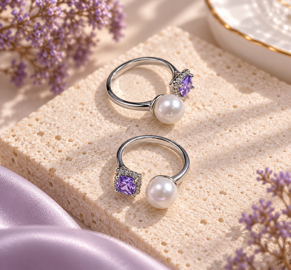 9–10mm Top-grade Freshwater Pearl & Purple CZ Adjustable Ring (Sayo Pearl)