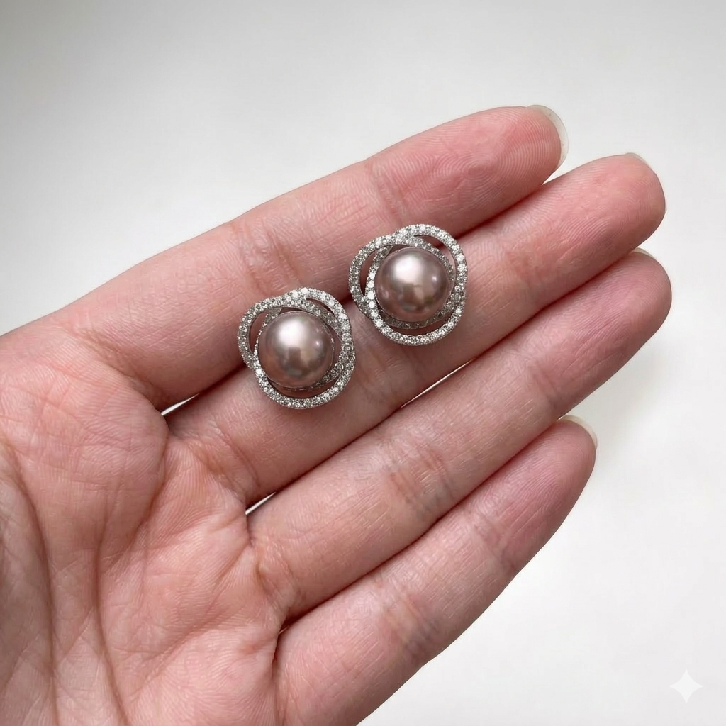 8–9mm 金屬光珍珠純銀耳環 