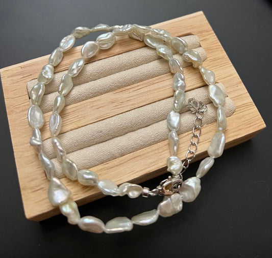 7-8mm "Crushed Silver" Tone Fishtail Baroque Pearl Necklace