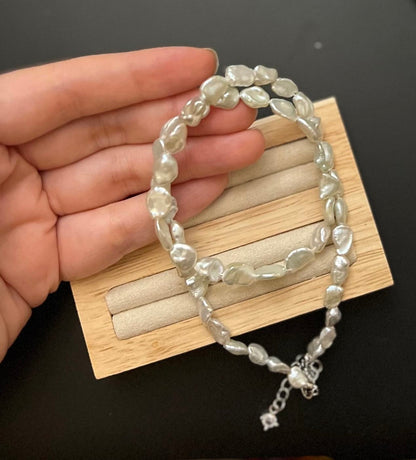 7-8mm "Crushed Silver" Tone Fishtail Baroque Pearl Necklace