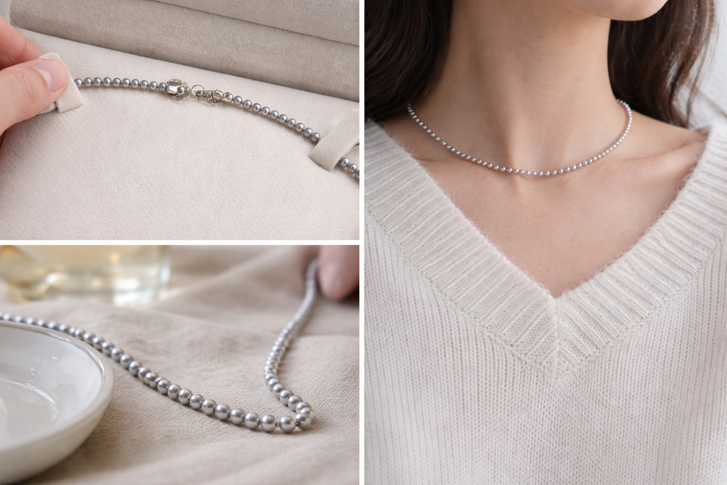 3mm 正圓灰色淡水珍珠頸鏈