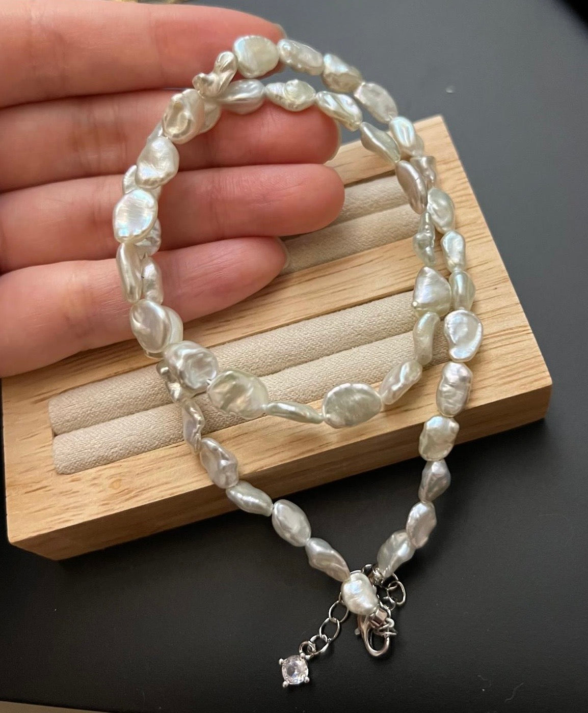 7-8mm "Crushed Silver" Tone Fishtail Baroque Pearl Necklace