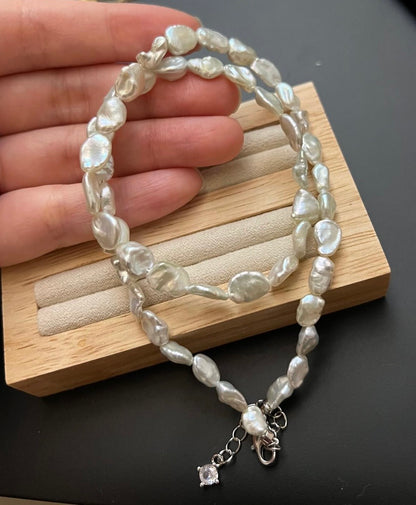 7-8mm "Crushed Silver" Tone Fishtail Baroque Pearl Necklace