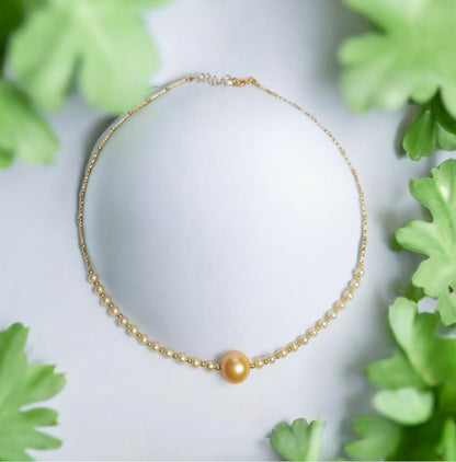4–5mm Feather Gold Akoya × 11.5mm Golden Seawater Pearl Necklace (Made to you)