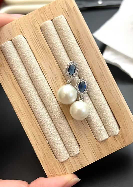11.4mm Pearl Drop Earrings with Zirconia and Blue Sapphire Earring