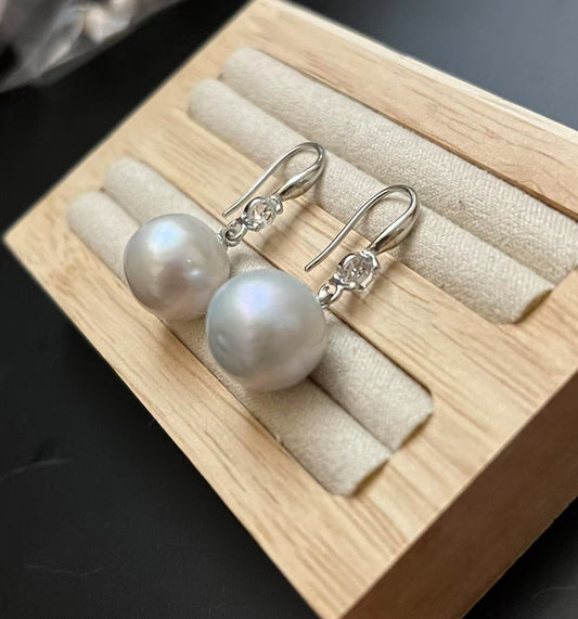 13-14mm Plump Grey Baroque Pearl Drop Earrings
