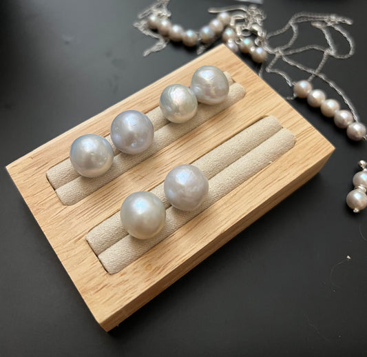 13–14mm Grey-Silver Baroque Round Pearl Earrings